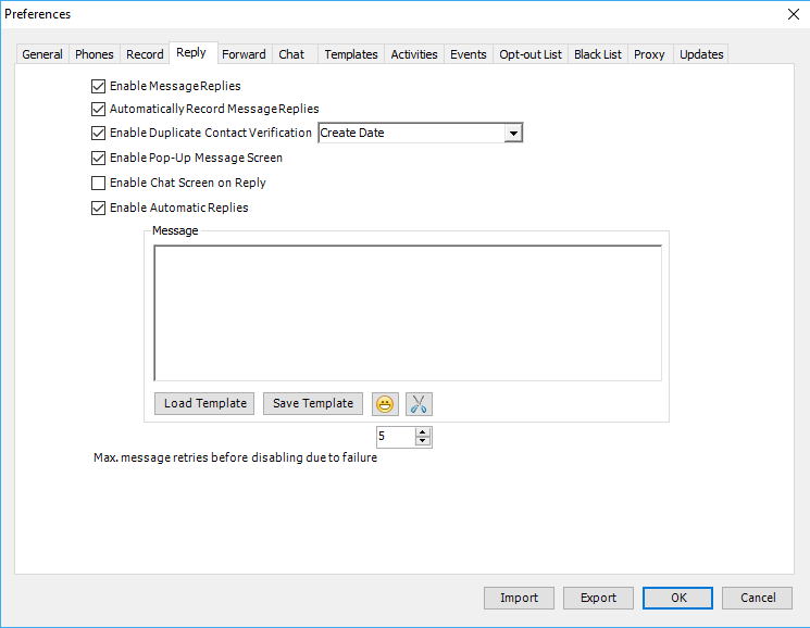 Message Reply settings for reply handling and screen selection